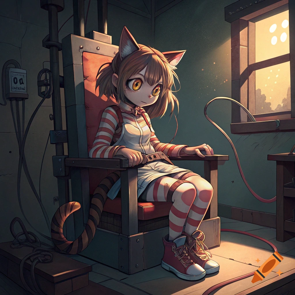 Anime style cat girl in a striped shirt strapped into a chair in a room.