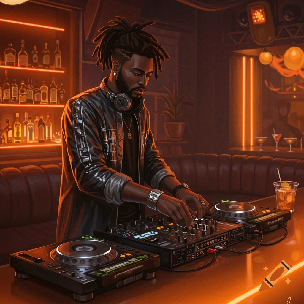 A black DJ plays music on turntables and a mixer in a cocktail bar with orange lights.