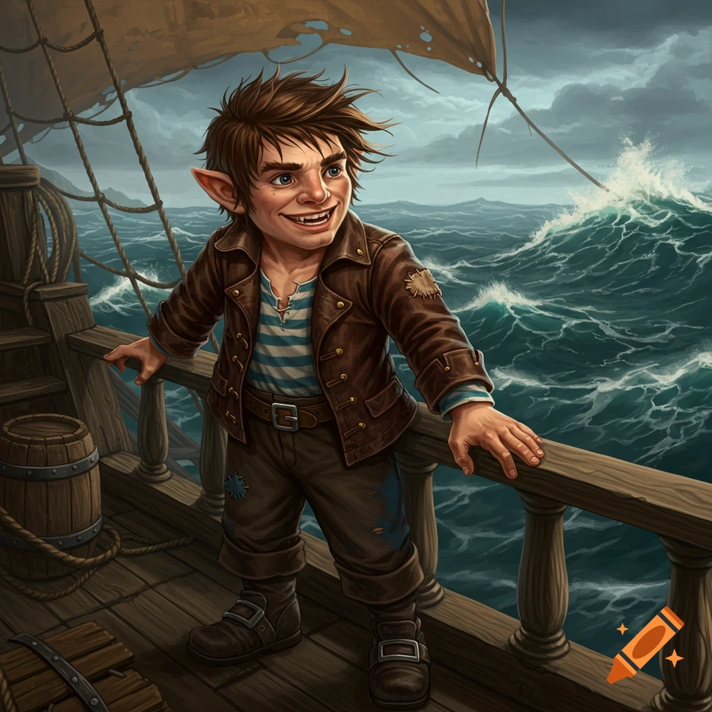 A fantasy halfling stands on a stormy ship deck.