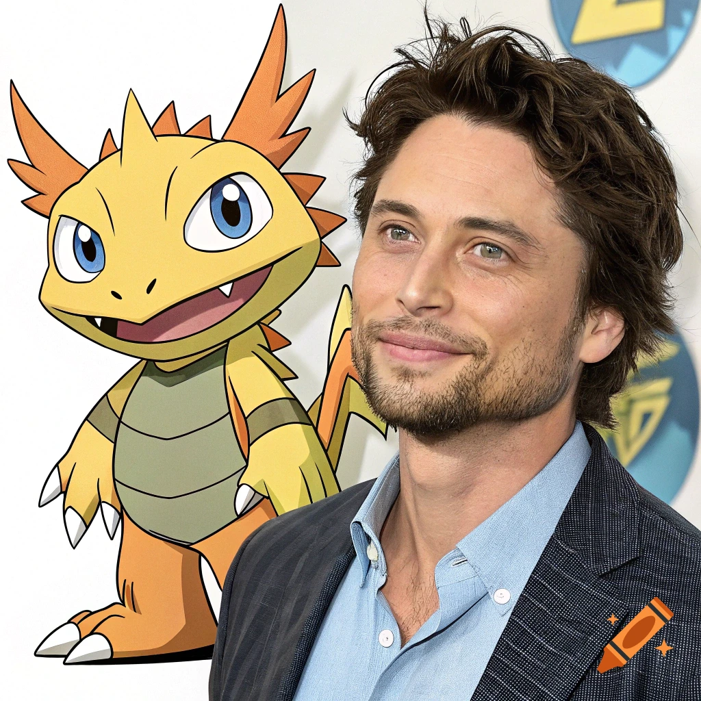 A cartoon yellow and orange monster stands next to a man in a suit jacket.