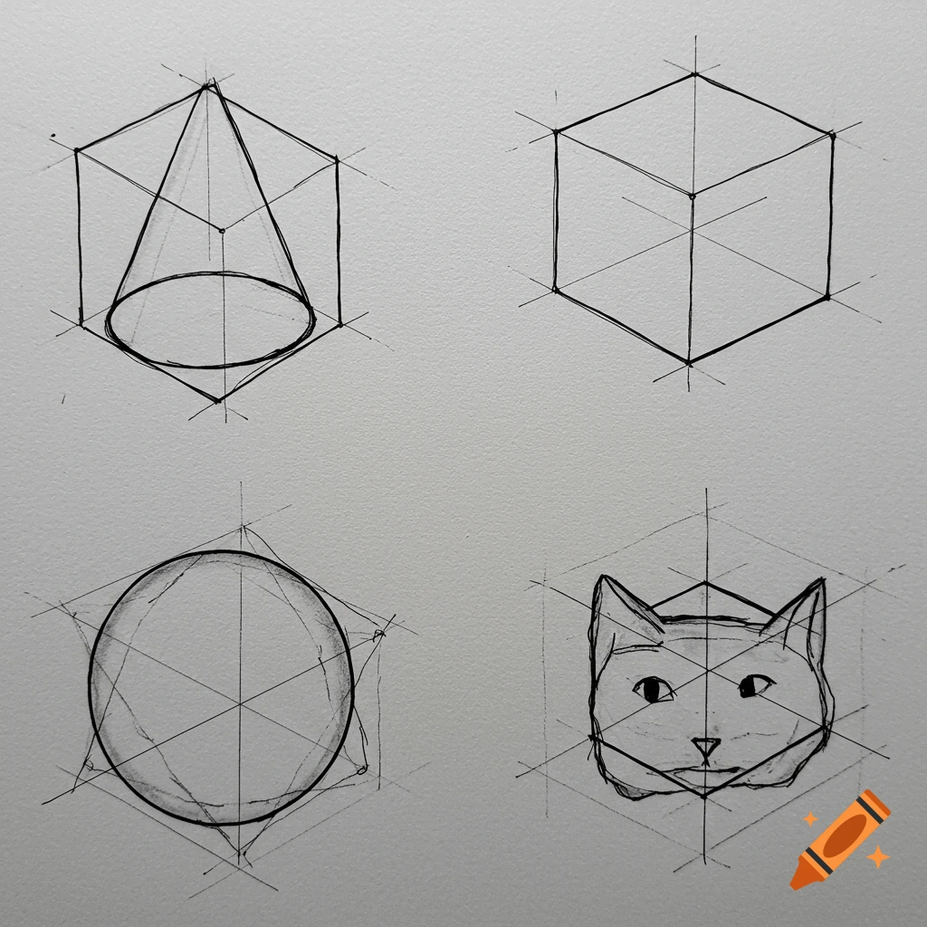 Sketch of geometric forms (cone, cube, sphere) and a cat head with construction lines.