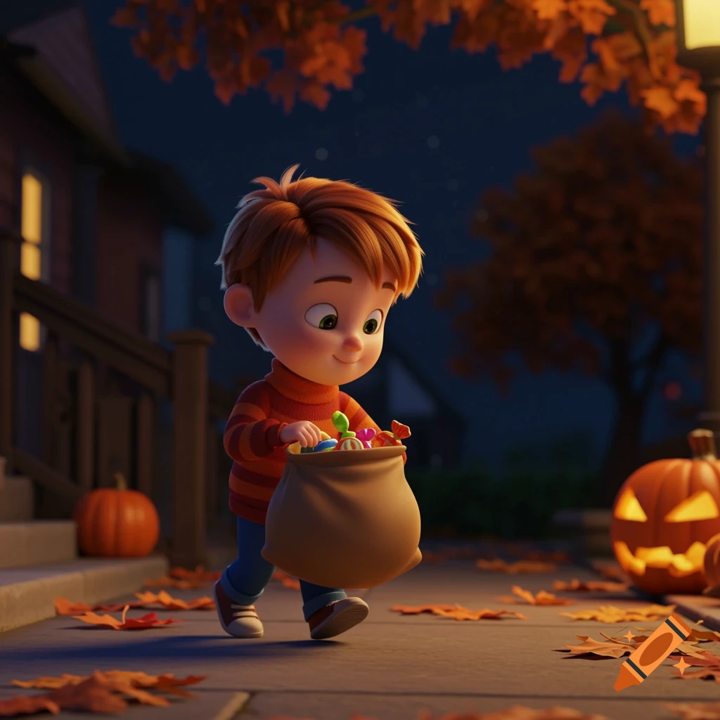 Cartoon boy trick-or-treating at night in fall with pumpkins and fallen leaves, Pixar style