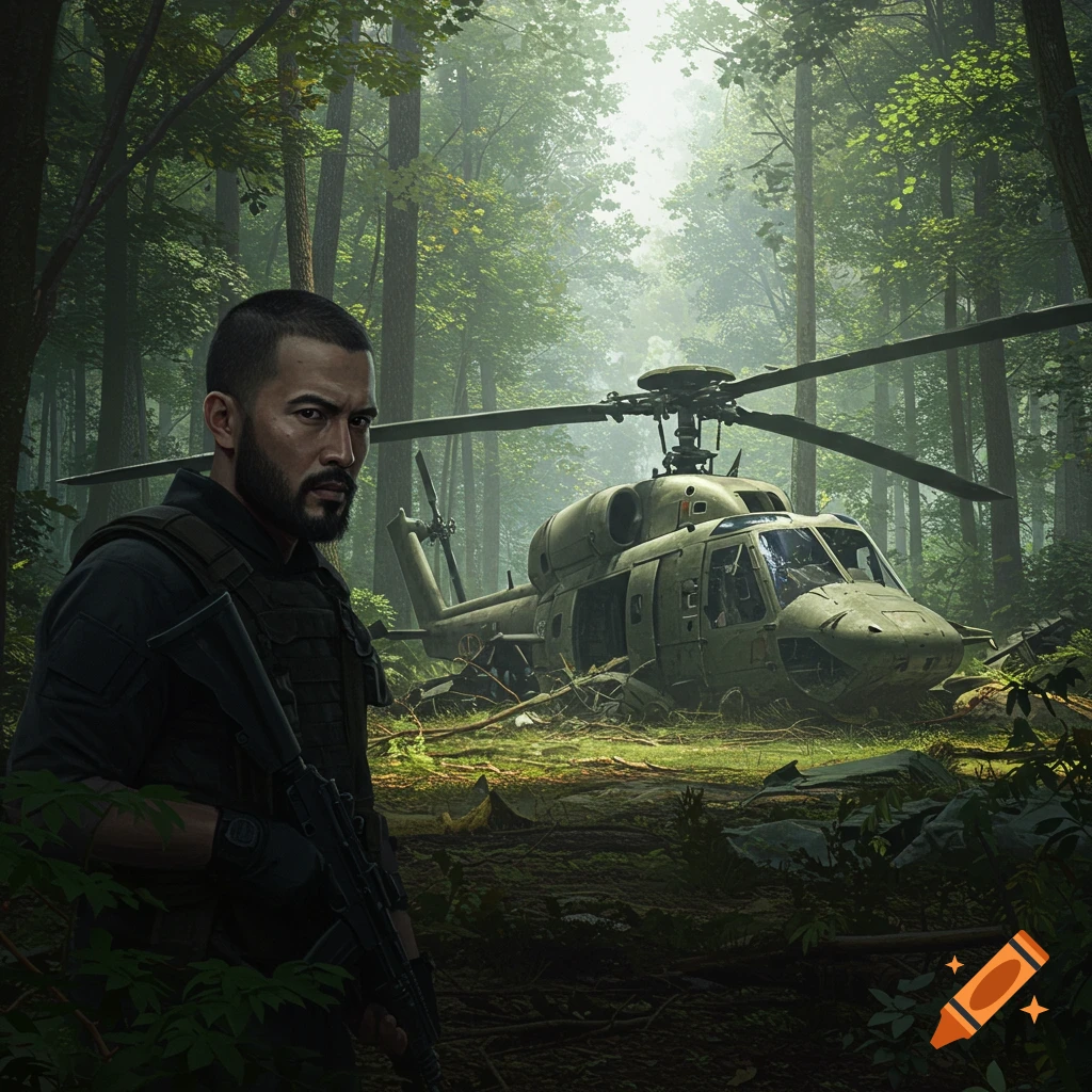 A soldier with a rifle stands near a crashed helicopter in a forest.