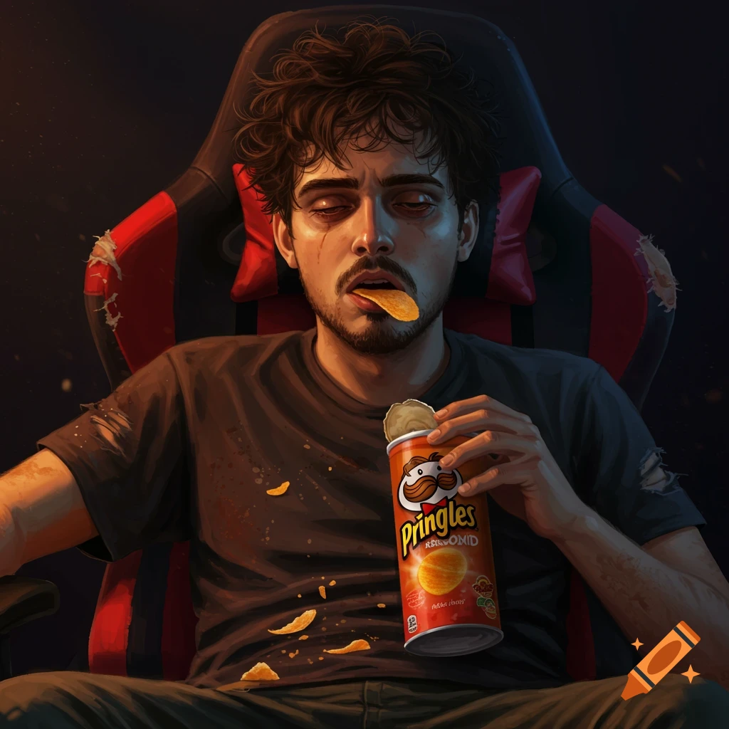A tired guy with bloodshot eyes eating Pringles while sitting in a torn gaming chair.