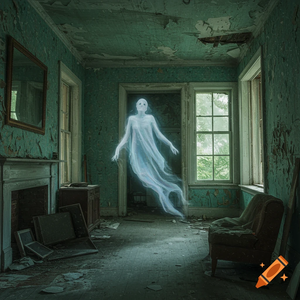 A glowing white ghost floating in a dilapidated abandoned room.