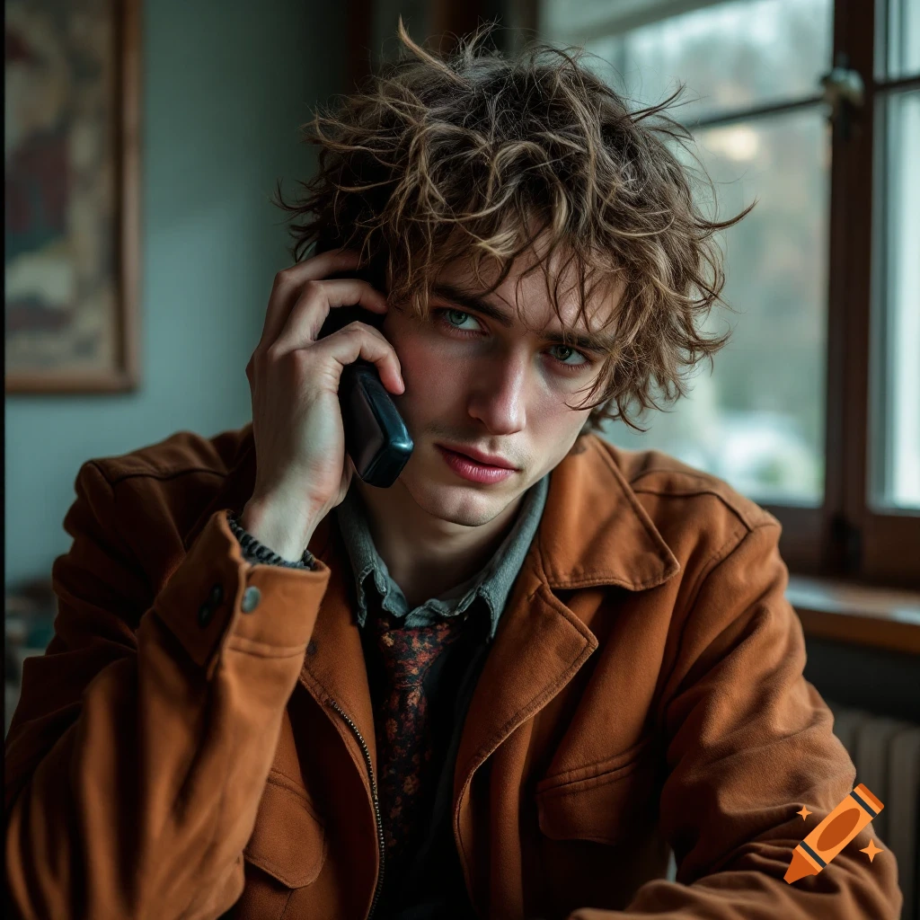 Portrait of a young man with messy hair talking on a phone.