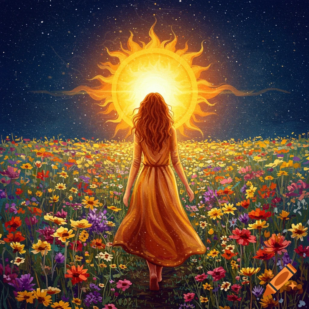 A woman walks through a vibrant field of flowers towards a large sun under a starry sky.