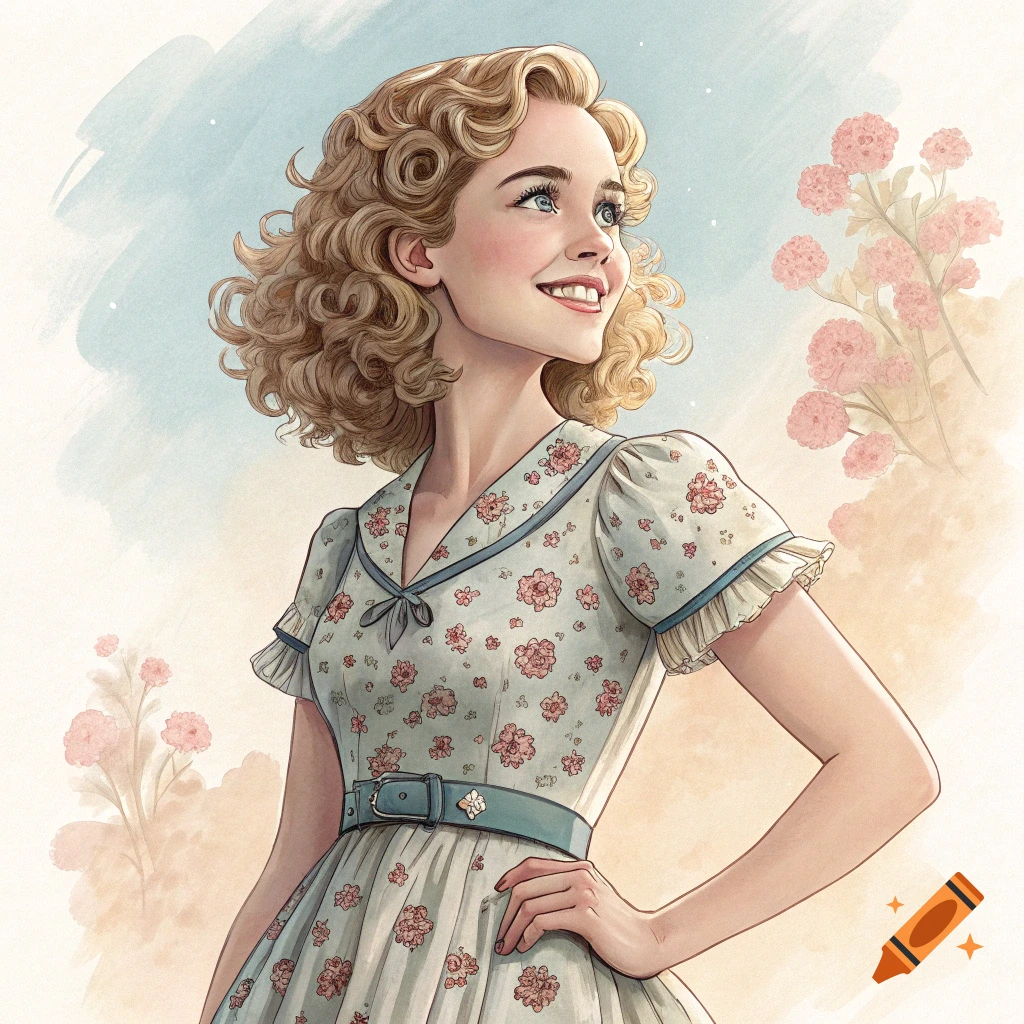 An illustration of a smiling woman with curly hair in a floral dress, vintage style.