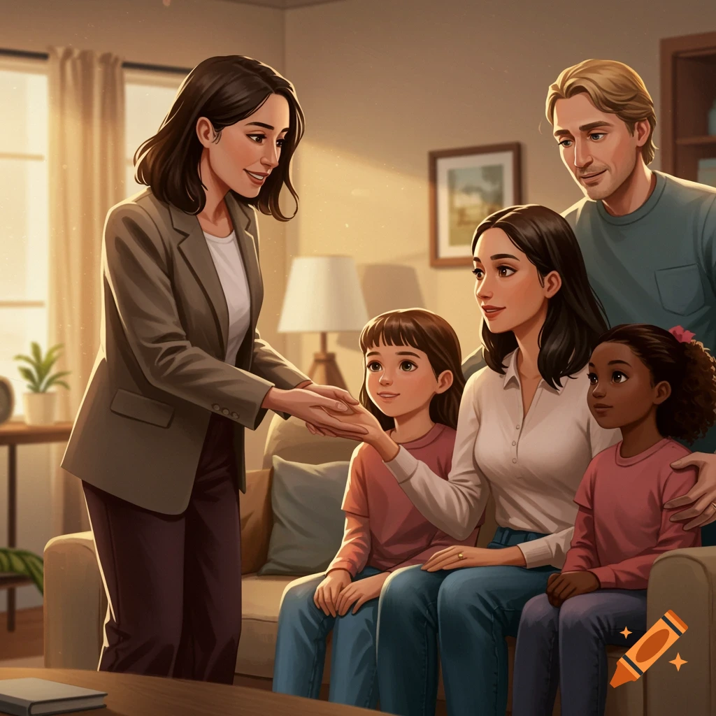 A social worker reaches out to a diverse family of four in a cozy living room.