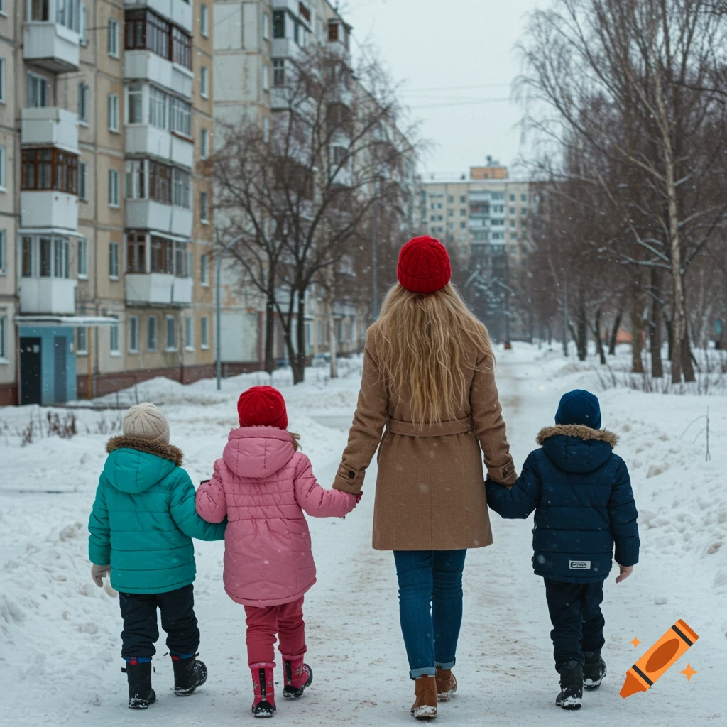 Mother and three children walk through the snow past apartment buildings