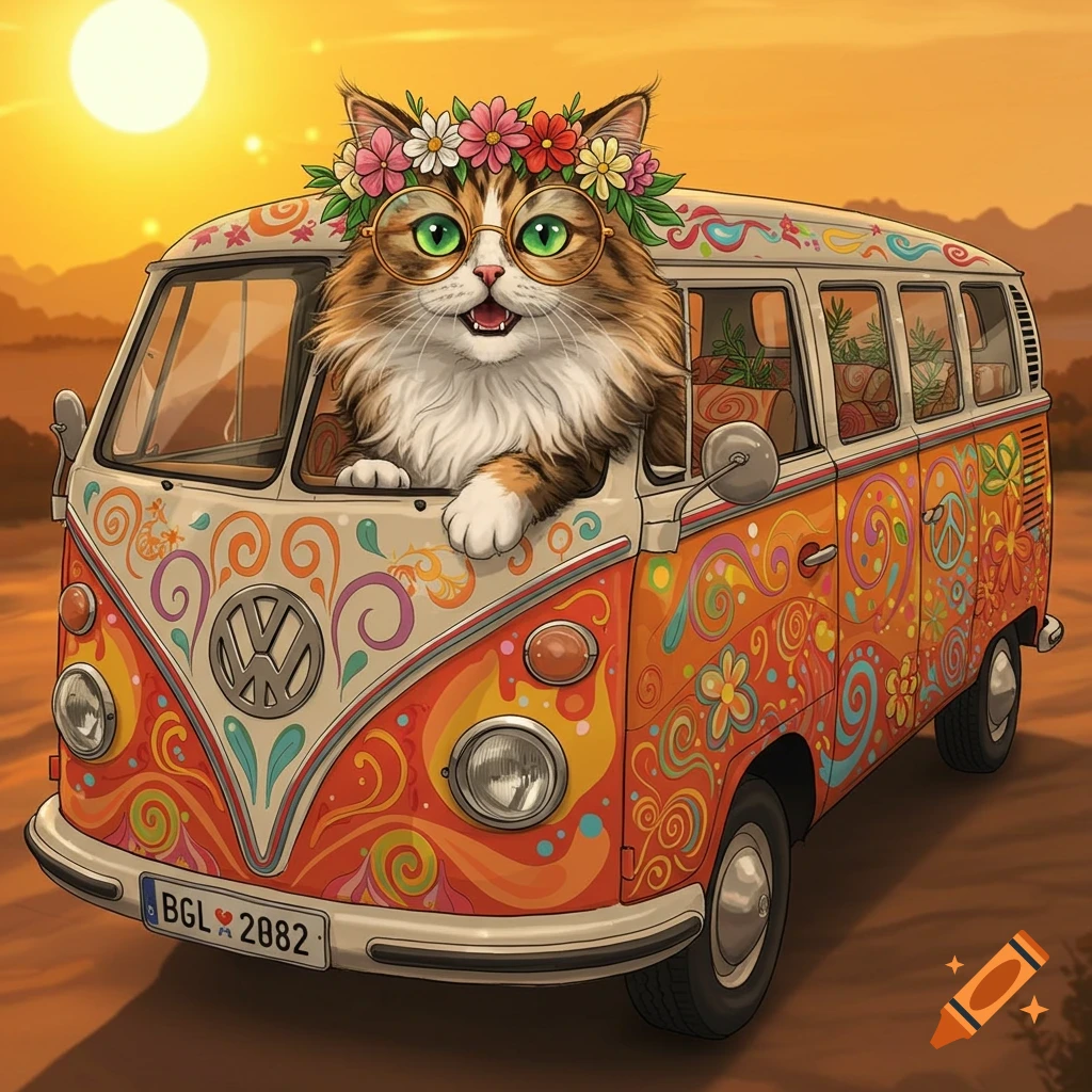 A hippie cat in a flower crown and glasses driving a decorated Volkswagen van at sunset.