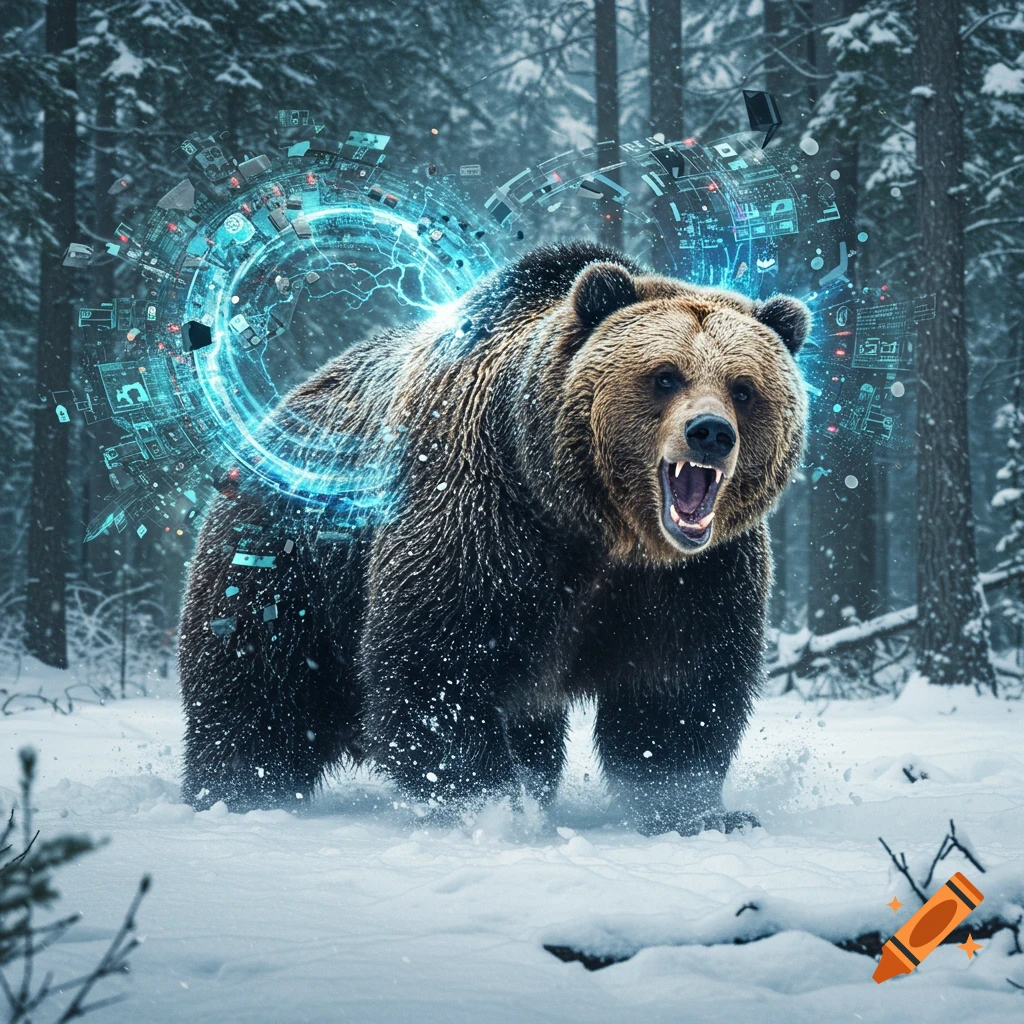 A bear in a snowy forest with a glowing blue digital circuit halo