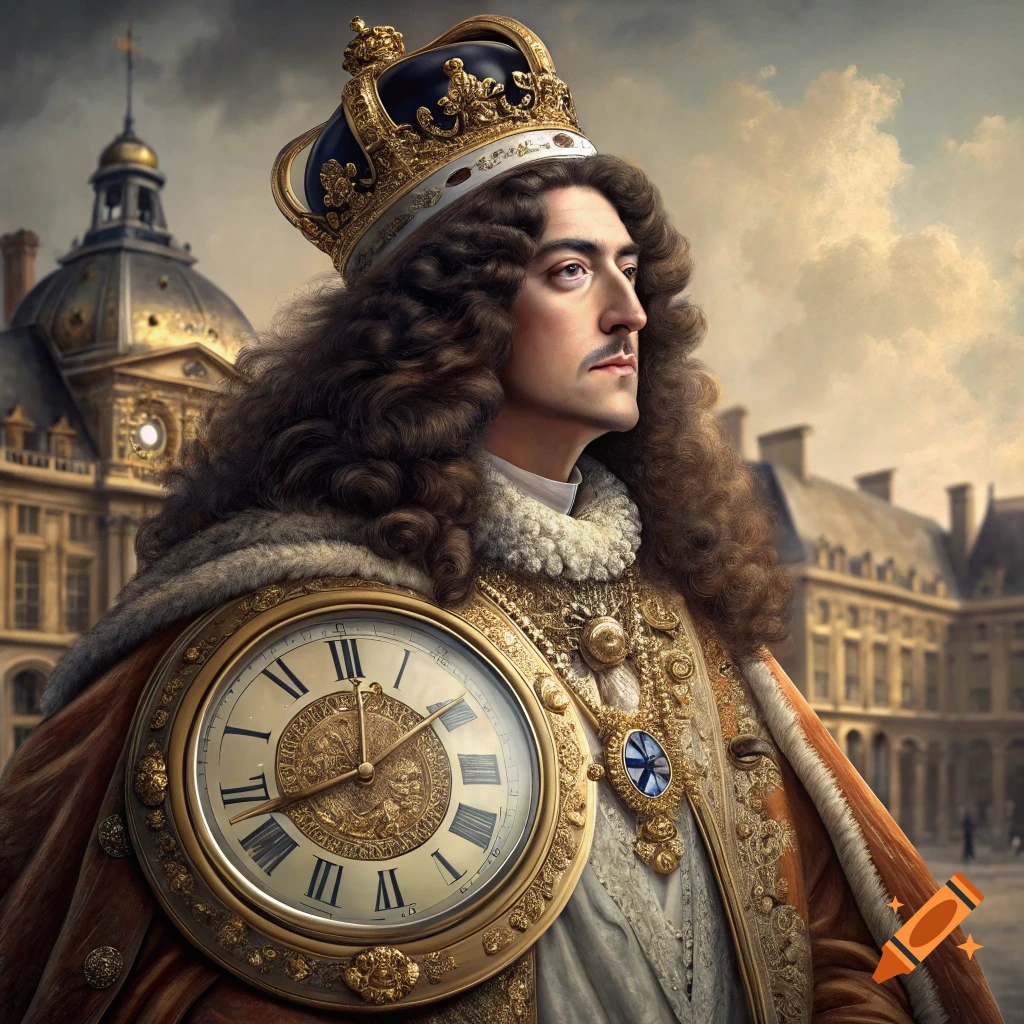 Baroque portrait of Louis XIV wearing a giant clock face as armor, standing before a palace under dramatic skies.