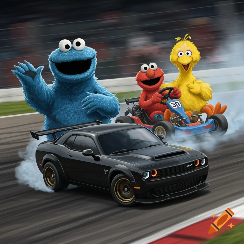 Cookie Monster, Elmo, and Big Bird race go-karts alongside a black Dodge Challenger.