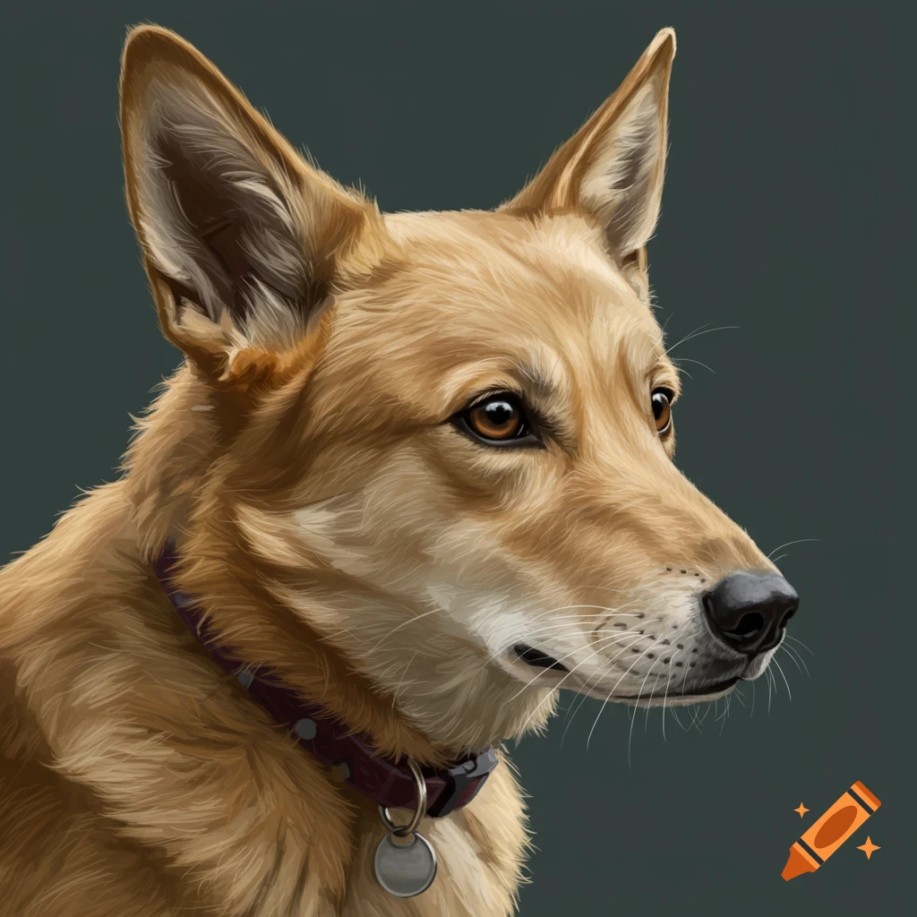 A golden-brown dog's head and neck wearing a purple collar