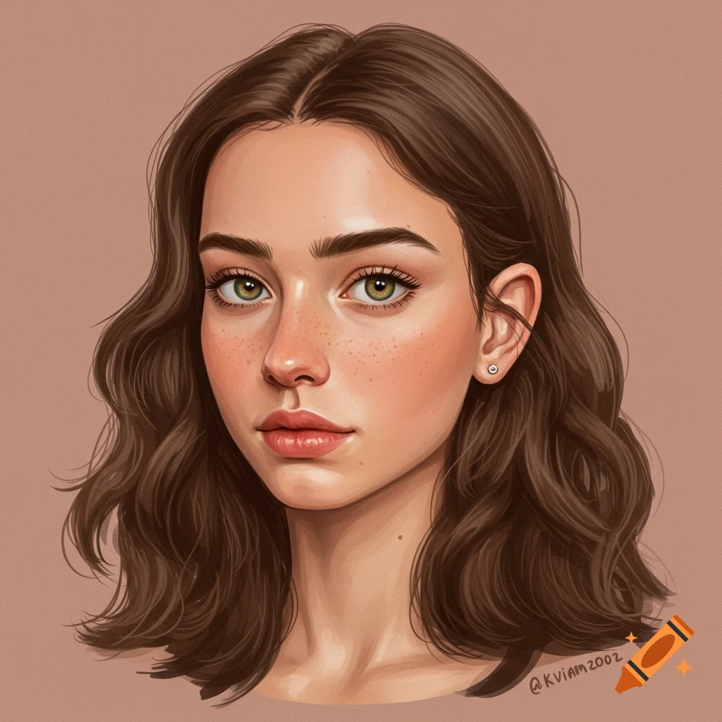 A portrait of a young woman with brown wavy hair, hazel eyes, and freckles.