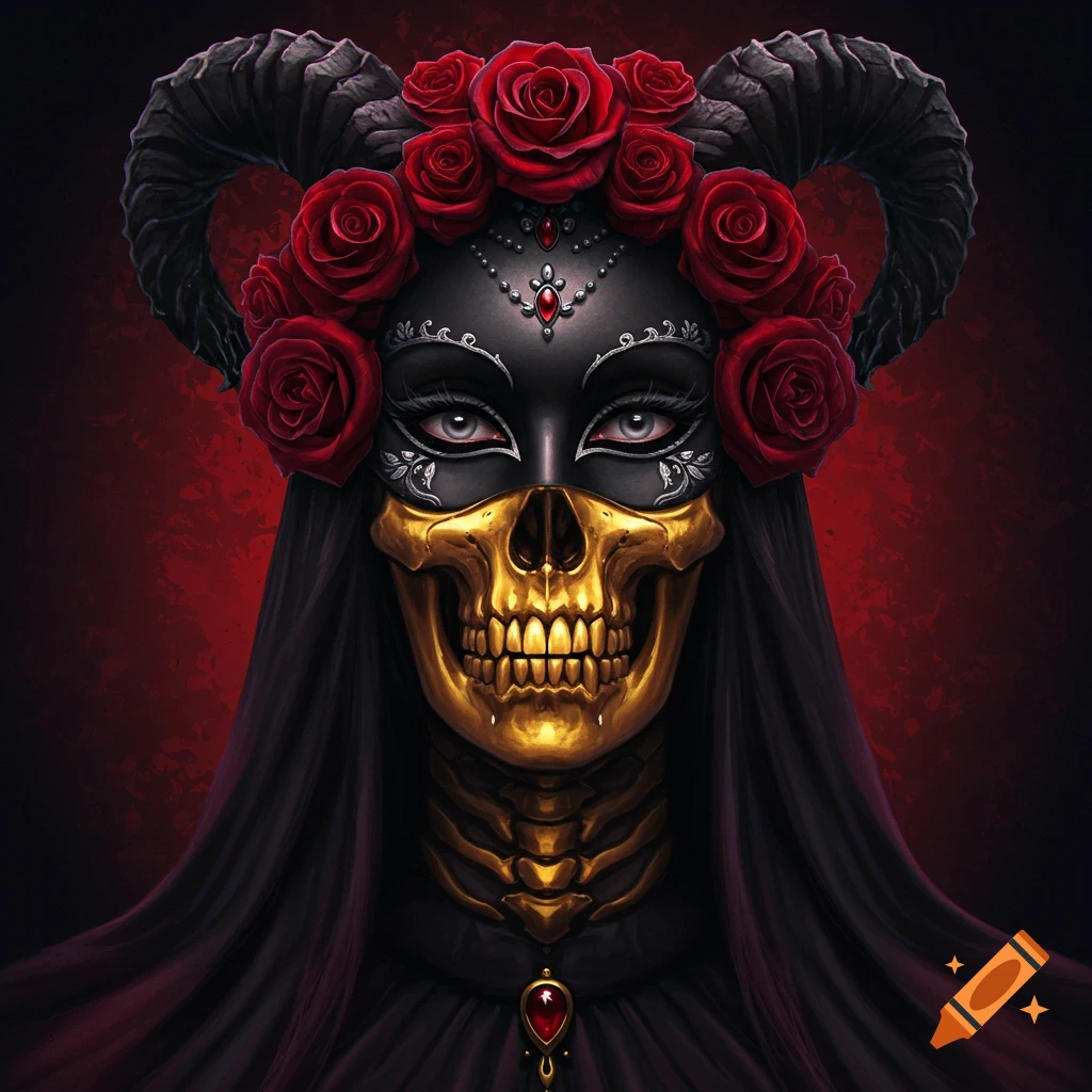 A figure wears a black opera mask over a golden skull face, adorned with red roses and horns, draped in black fabric against a red background.