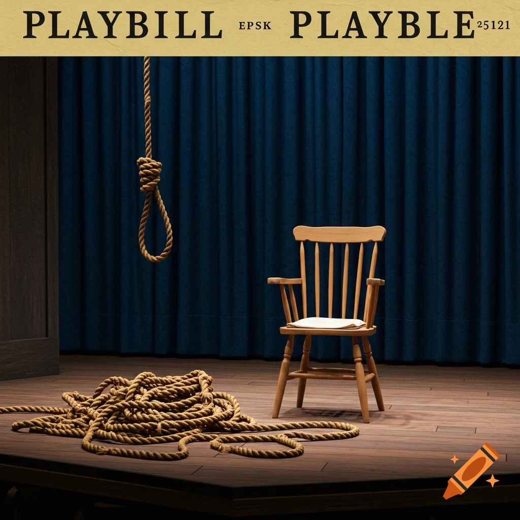 A stage set with a chair, hanging noose, and rope coil against a blue curtain.