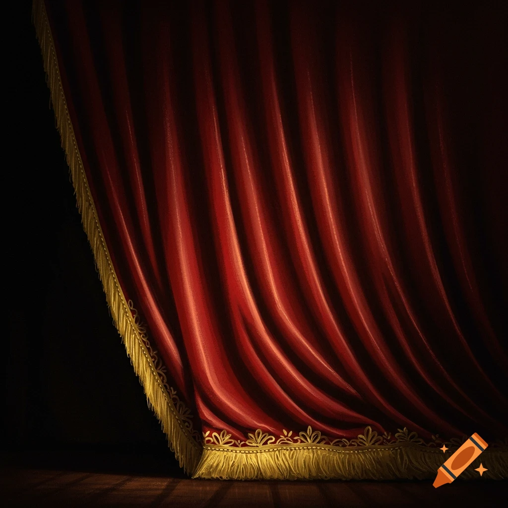 A red velvet stage curtain with gold fringe on a dark background.