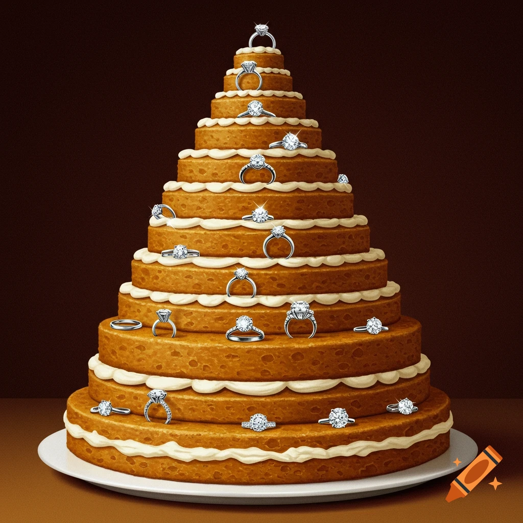 A multi-tiered cake decorated with diamond engagement rings