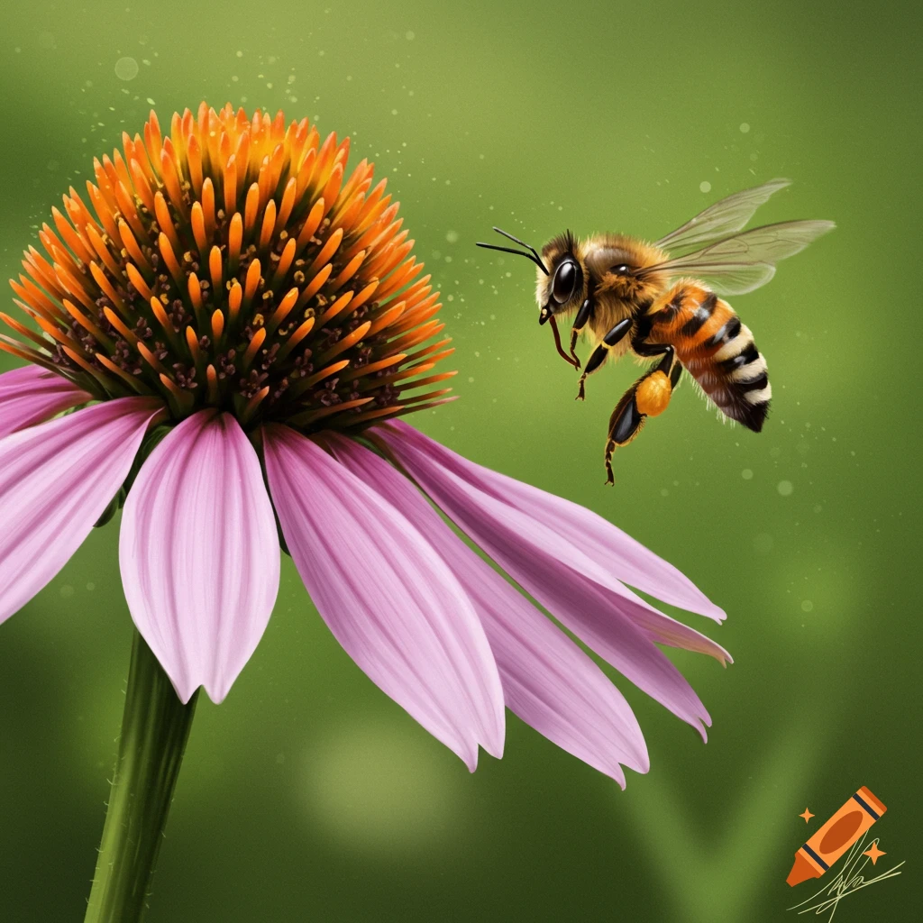 A honey bee approaching a purple and orange coneflower.