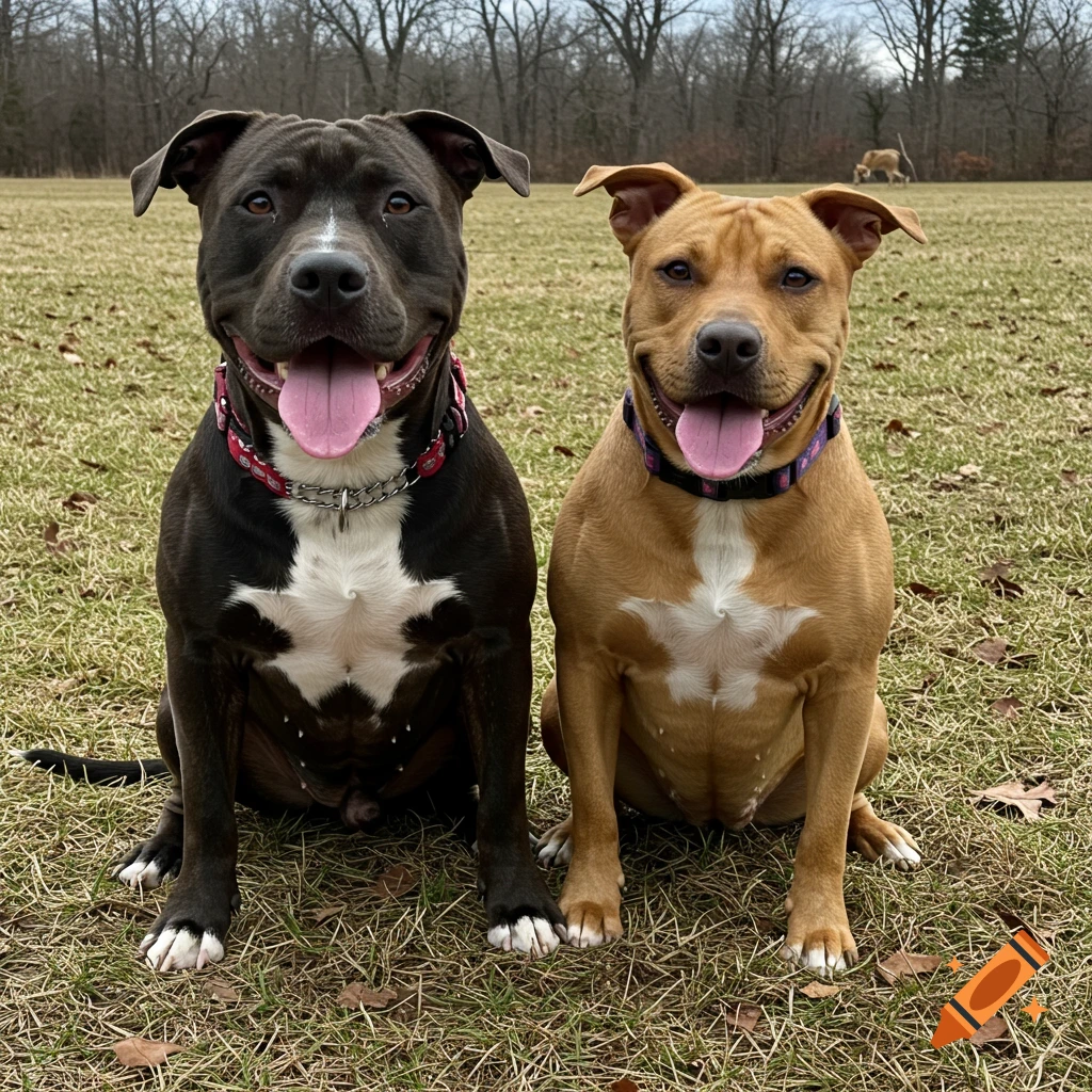Two pit bulls, one dark brindle and one tan, sit side-by-side in a grassy field.