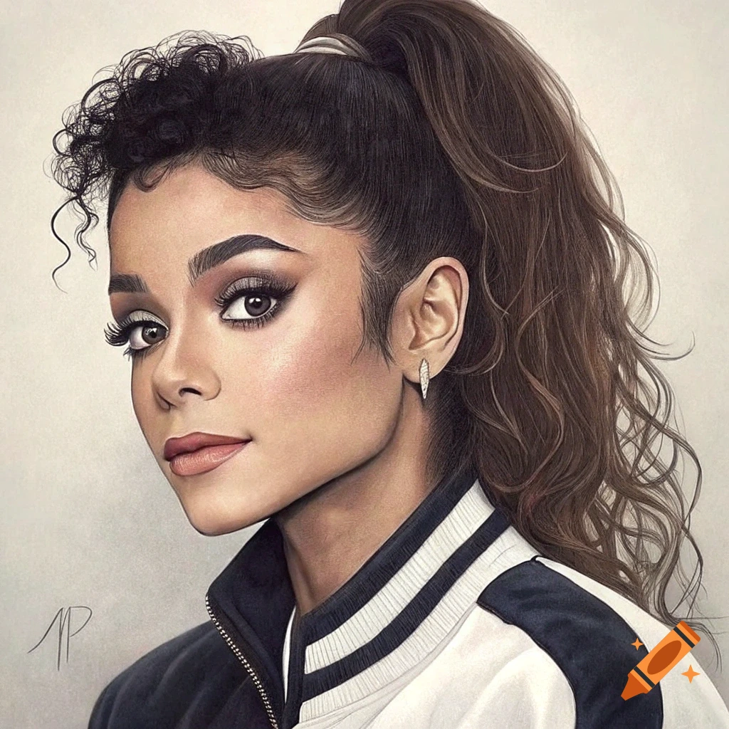 Detailed realistic portrait of a woman with a high ponytail, wearing a varsity jacket and an earring.