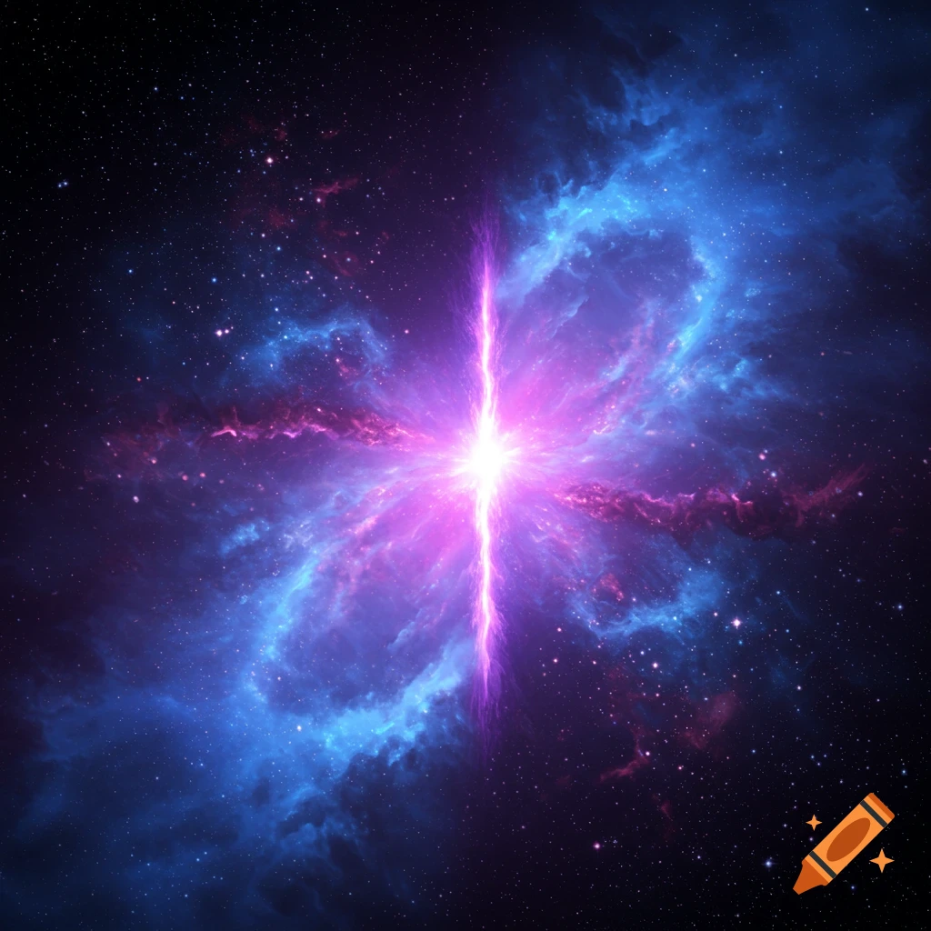 A bright purple rift splitting through a blue and pink nebula in a starfield.