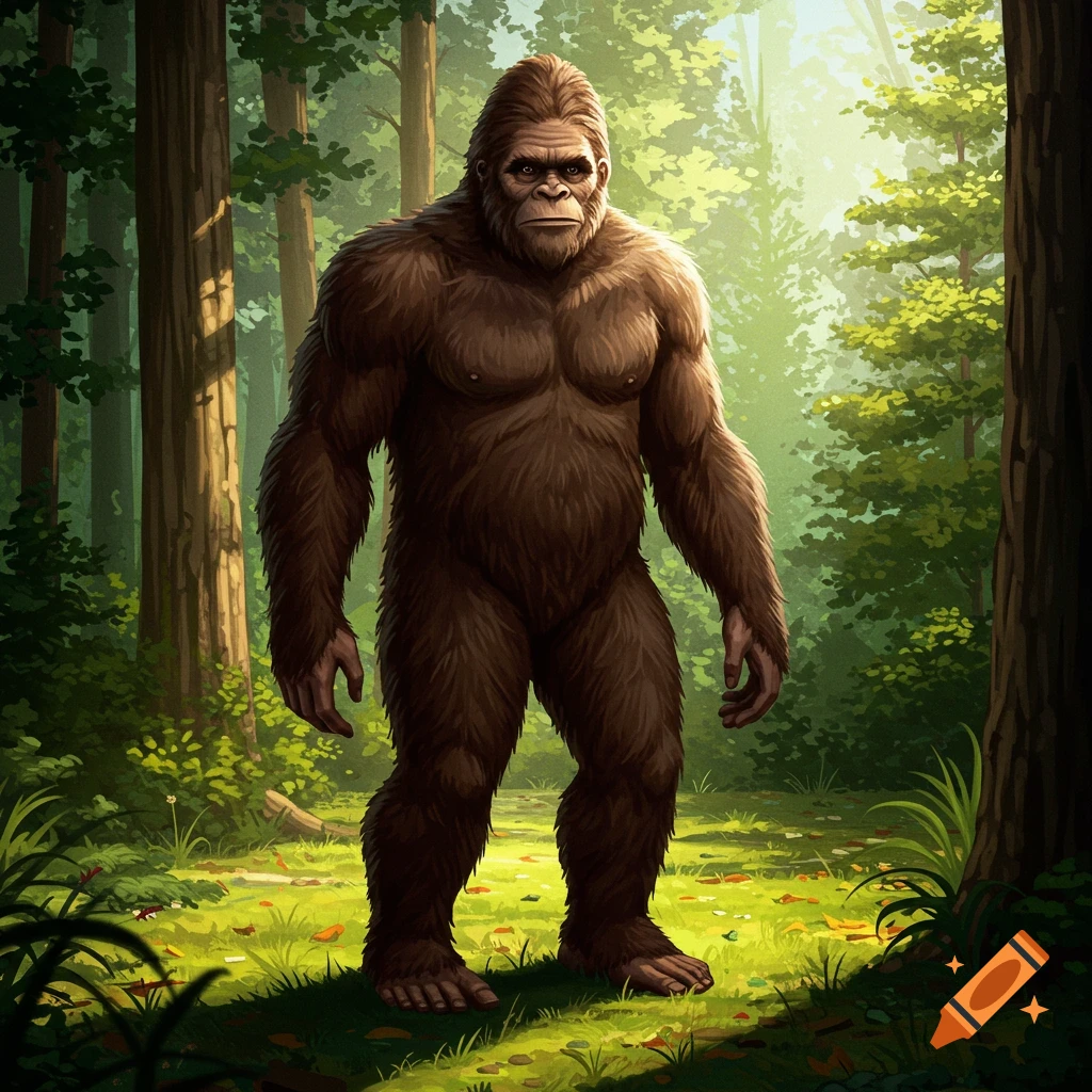 A Bigfoot standing in a forest clearing with sunlight.
