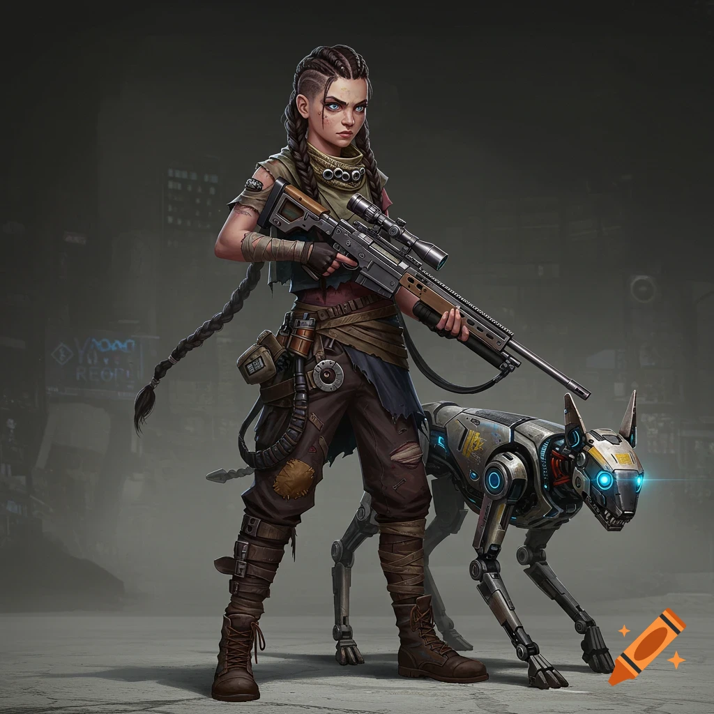 A scavenger girl with a sniper and a robot dog in a ruined city.