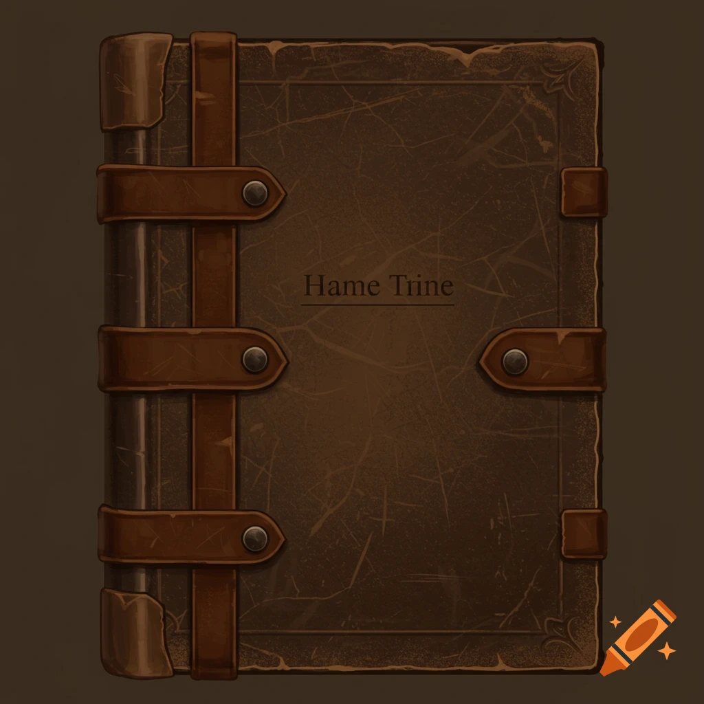 A brown leather book cover with straps and the title 'Hame Trine'.