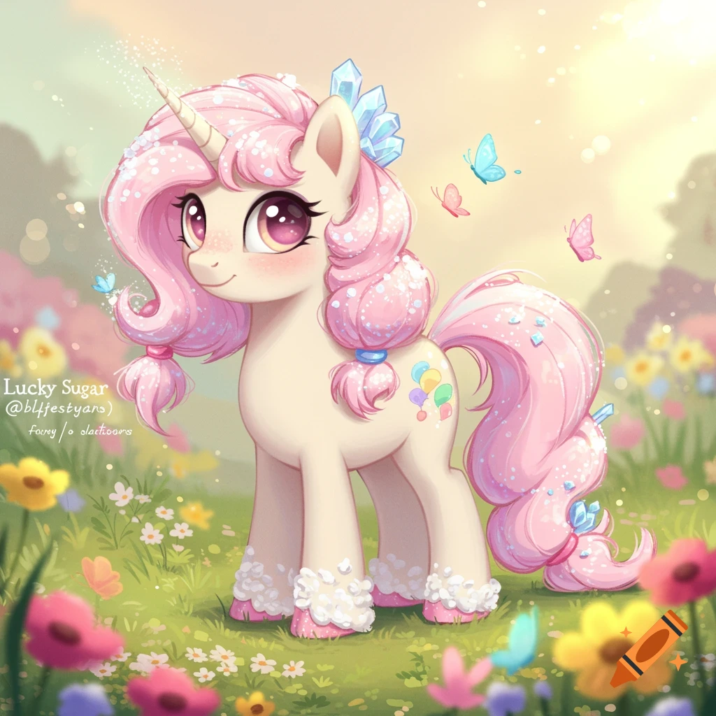 A cute pink and cream unicorn pony stands in a field of flowers with butterflies.
