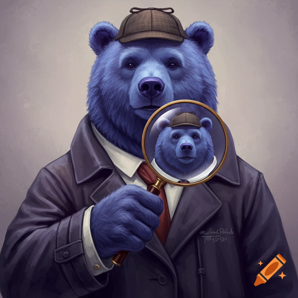 A blue bear dressed as a detective holds a magnifying glass.