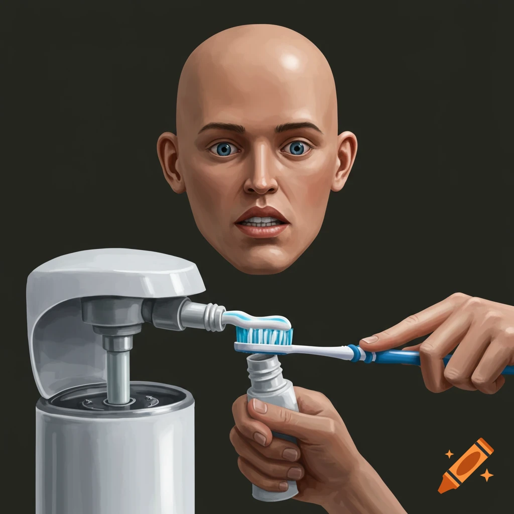 A floating bald head and hands dispensing toothpaste onto a toothbrush.