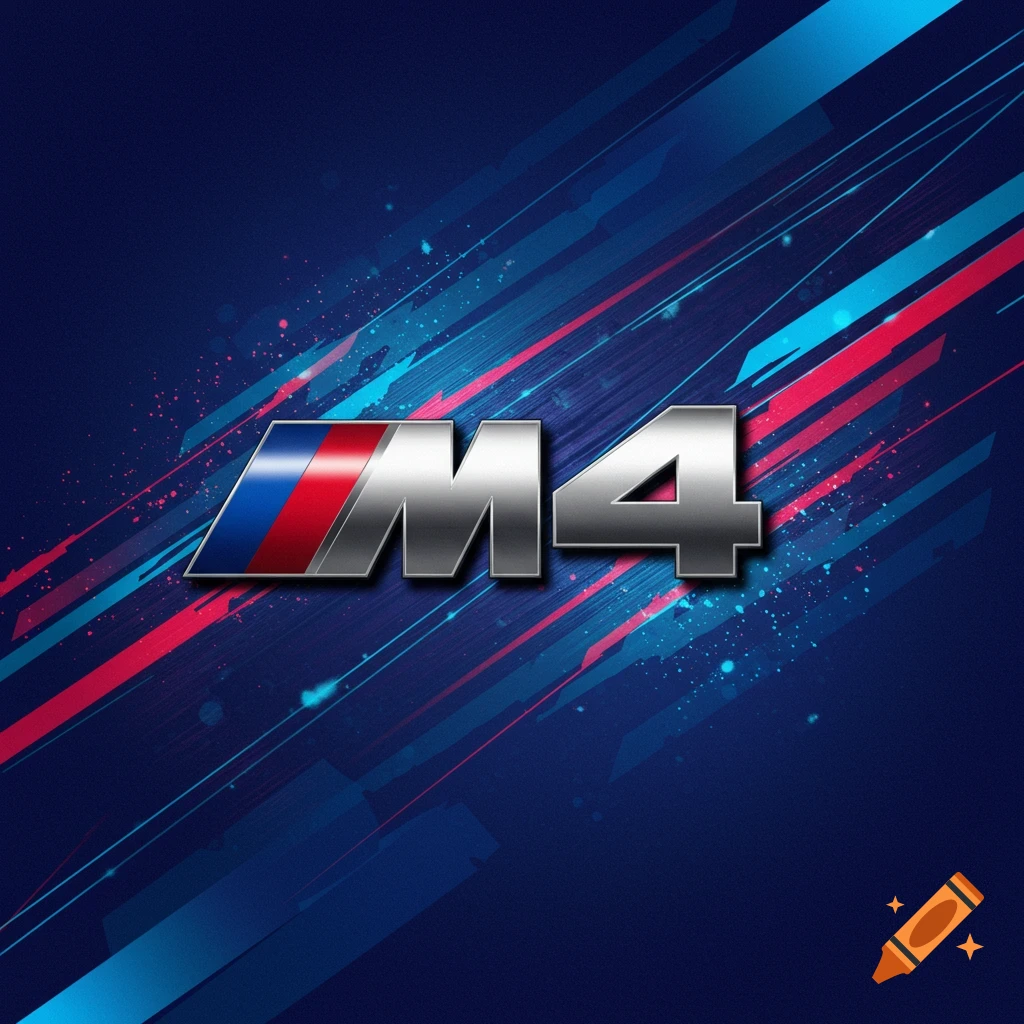 M4 logo with BMW M colors on a dynamic blue background