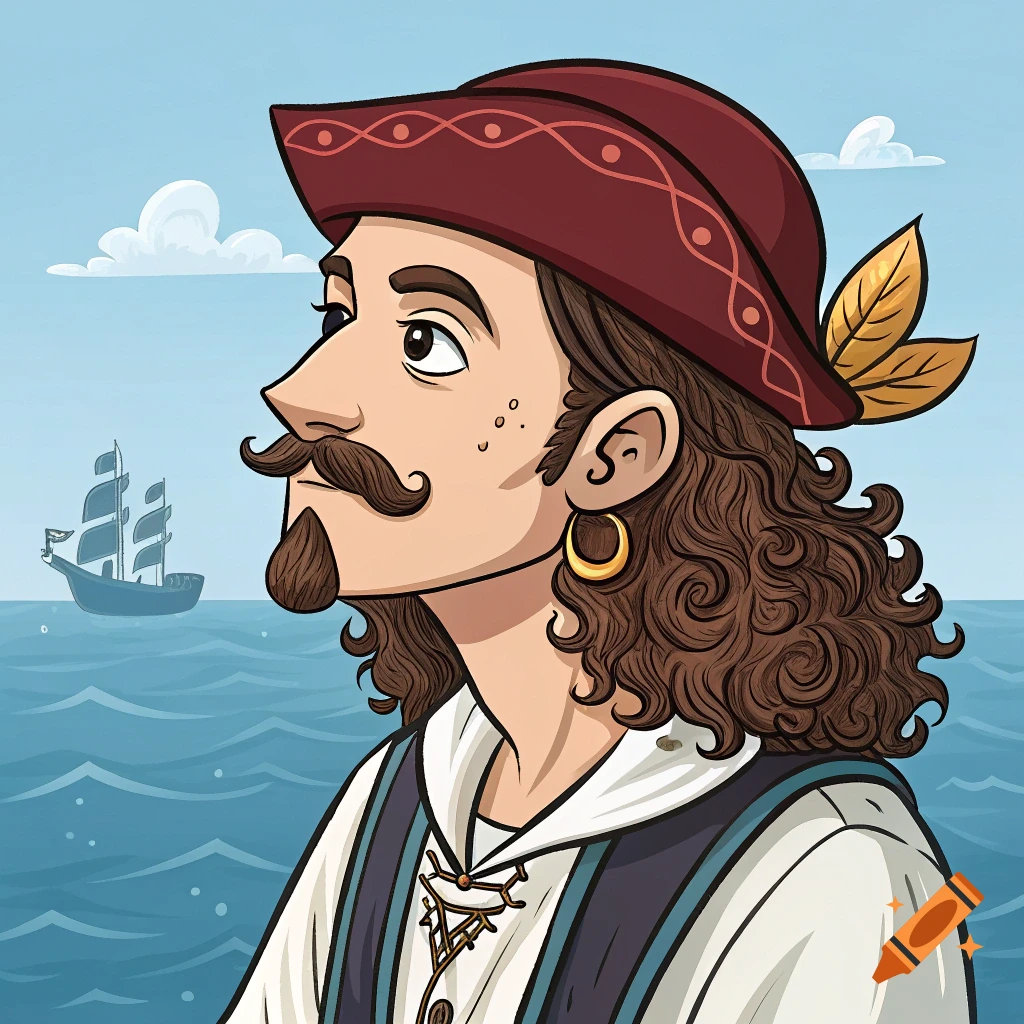 Cartoon portrait of a pirate looking at a sailing ship at sea.