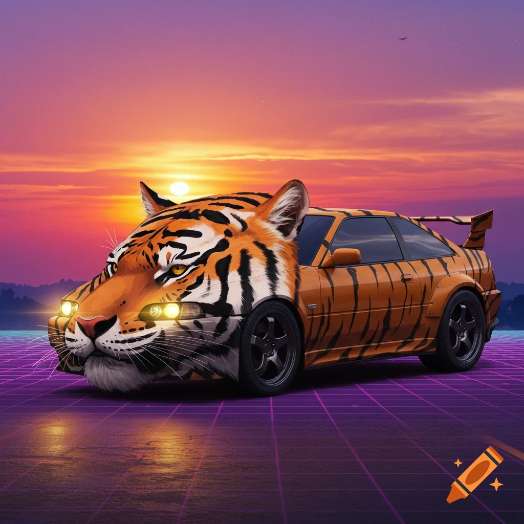 A car with a tiger's head and stripes drives on a neon grid road under a sunset sky.