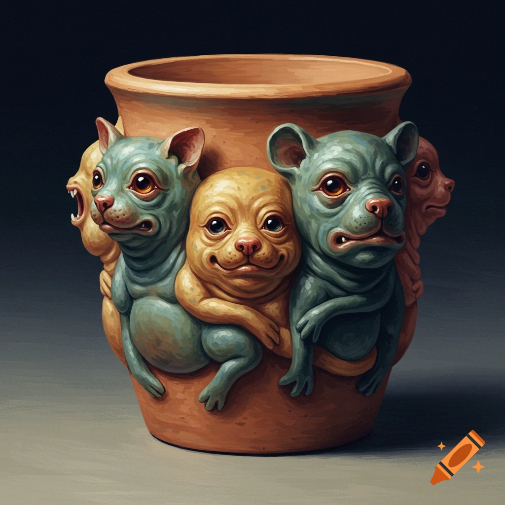A ceramic vase decorated with grotesque, intertwined animal figures.