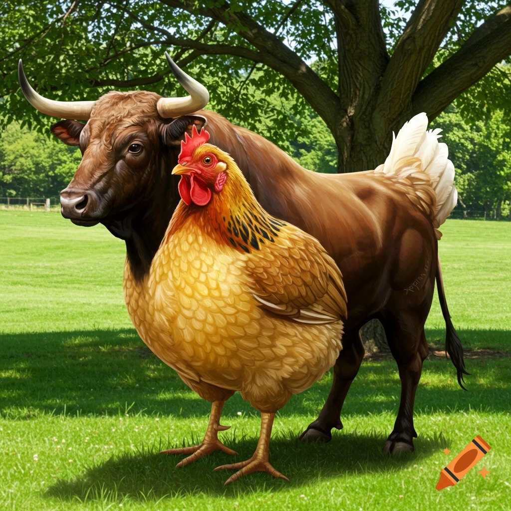 A large chicken with a bull body stands in a field.