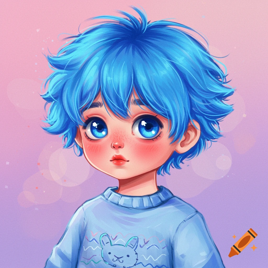 Whimsical image of a cute boy with blue hair and big blue eyes wearing a blue sweater with a rabbit pattern.