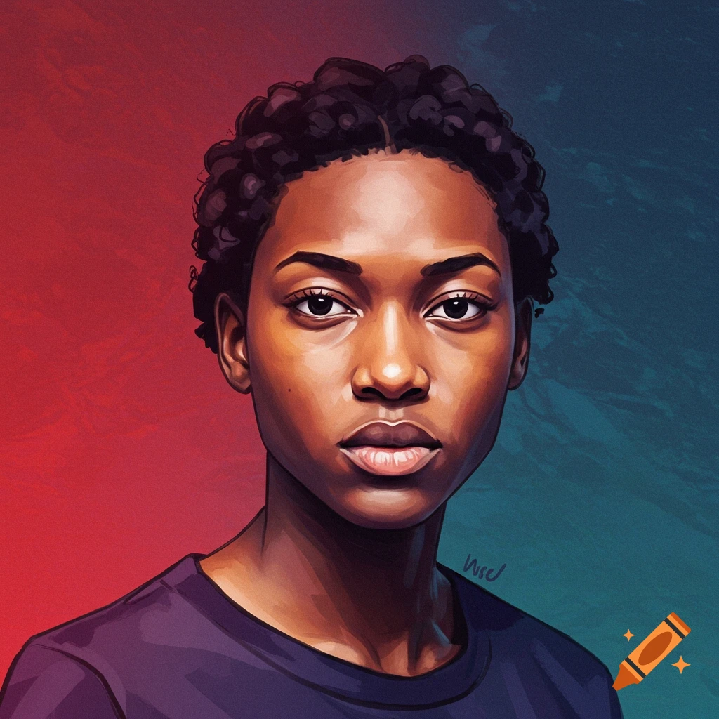 A person with short curly hair is shown against a red and blue background.