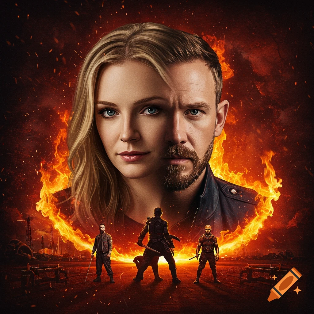 Poster showing a woman's face blended with a man's, surrounded by fire, above small figures in a landscape.