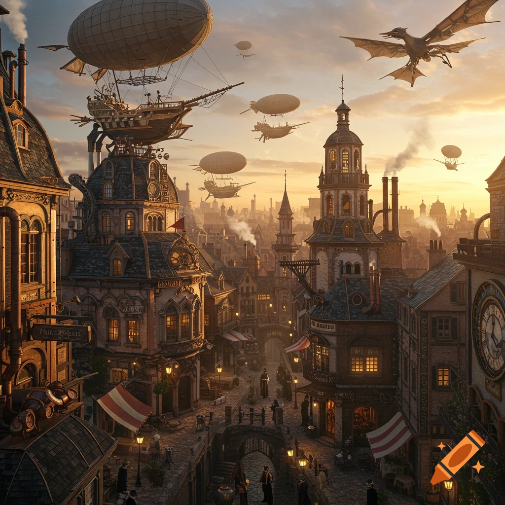 A detailed steampunk city street scene with ornate buildings, people, flying airships, and dragons at sunset.
