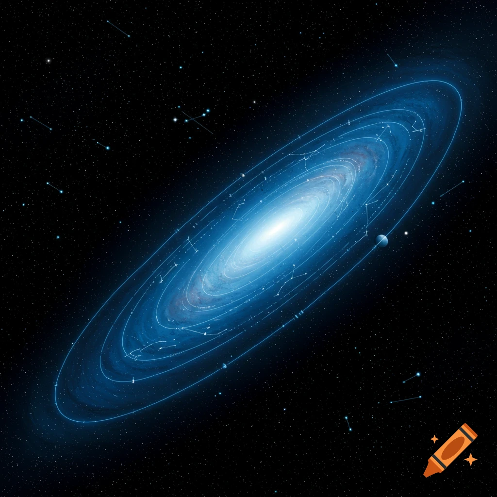 A bright blue galaxy or solar system structure with orbits and stars.