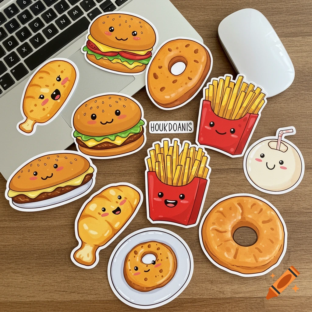 Collection of cute cartoon food stickers (hamburgers, french fries, donuts) arranged on a desk with a laptop and mouse.