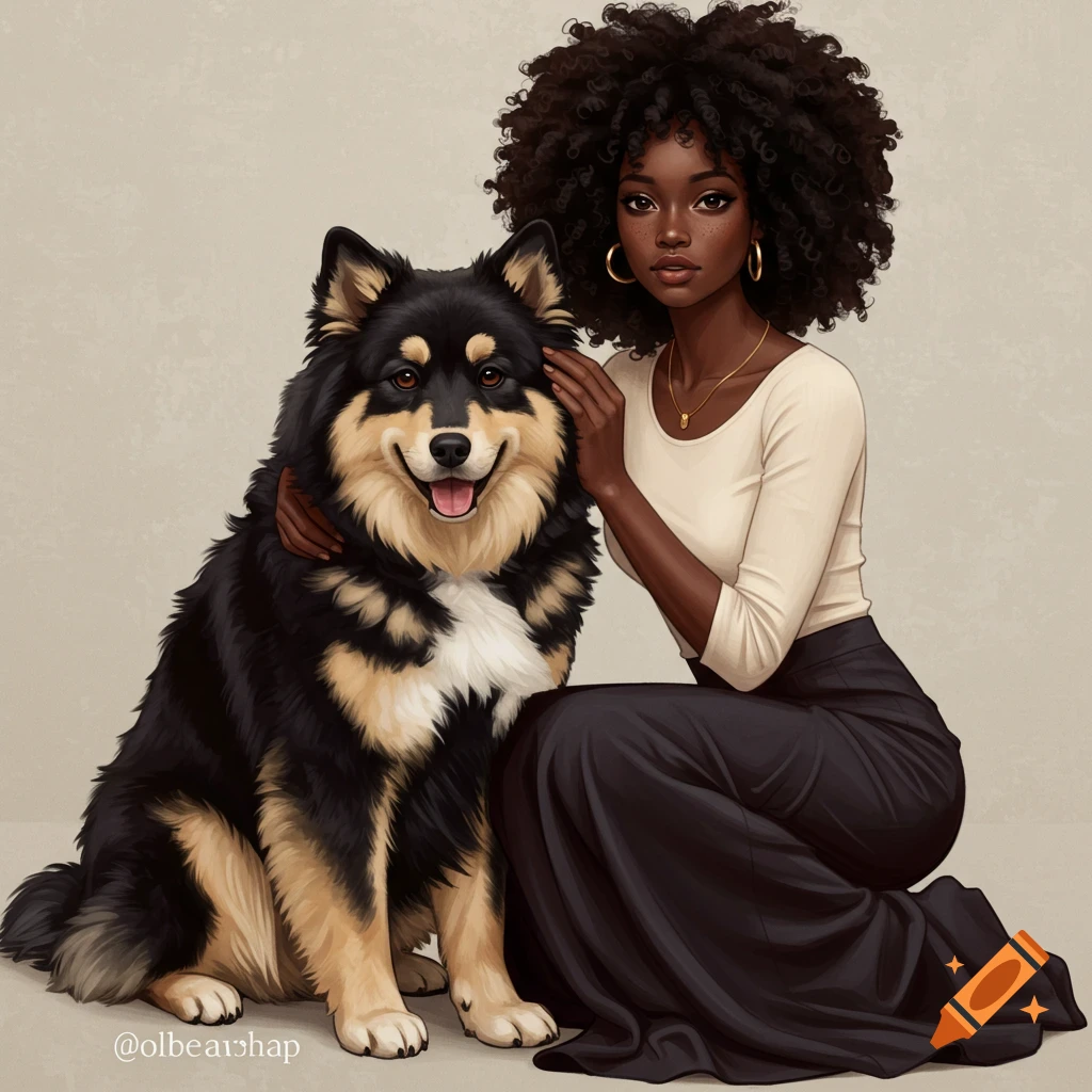 An illustration of a Black woman kneeling with a black and tan fluffy dog.