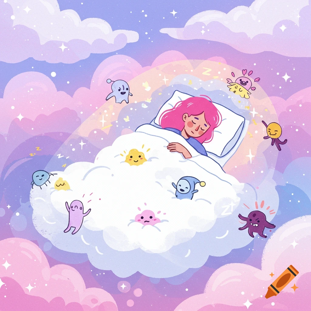 Cartoon illustration of a person sleeping peacefully on a cloud surrounded by cheerful, colorful dream creatures in a starry sky.