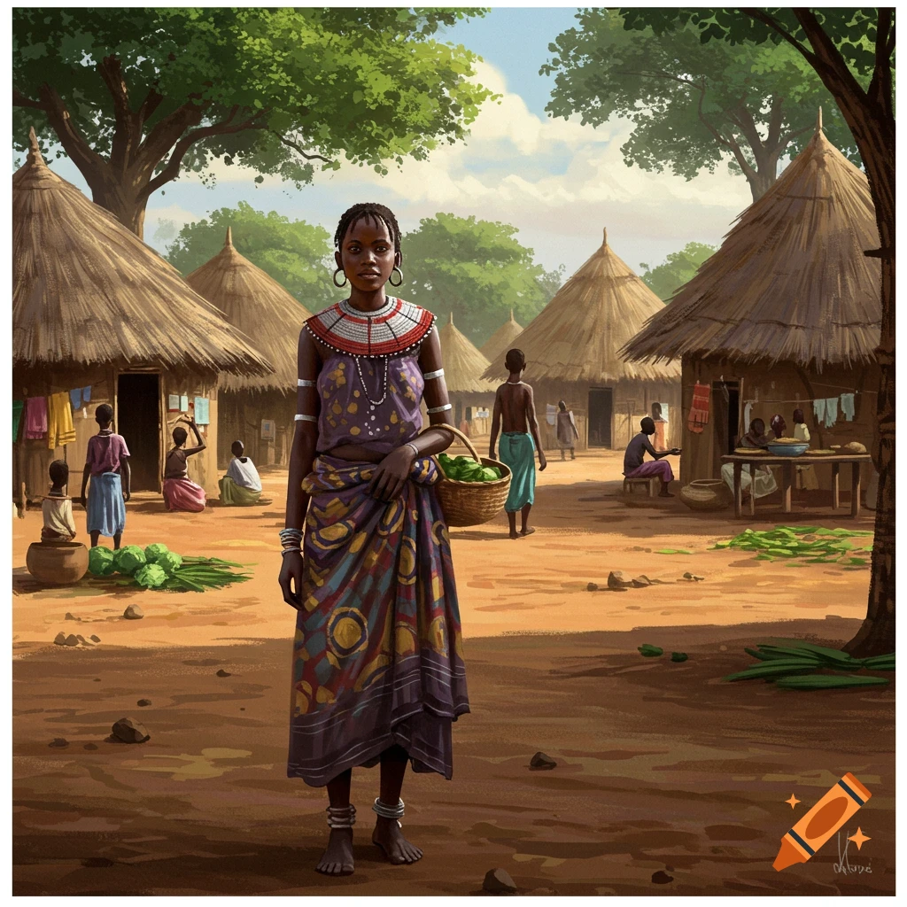 A woman holding a basket in an African village.