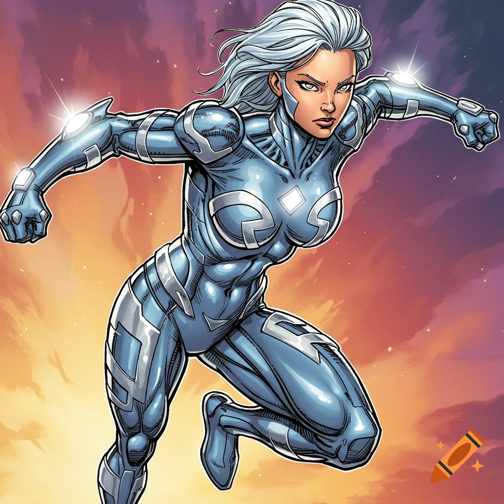 A female superhero with white hair and a blue and silver metallic suit flies against a sunset sky in a comic book style.
