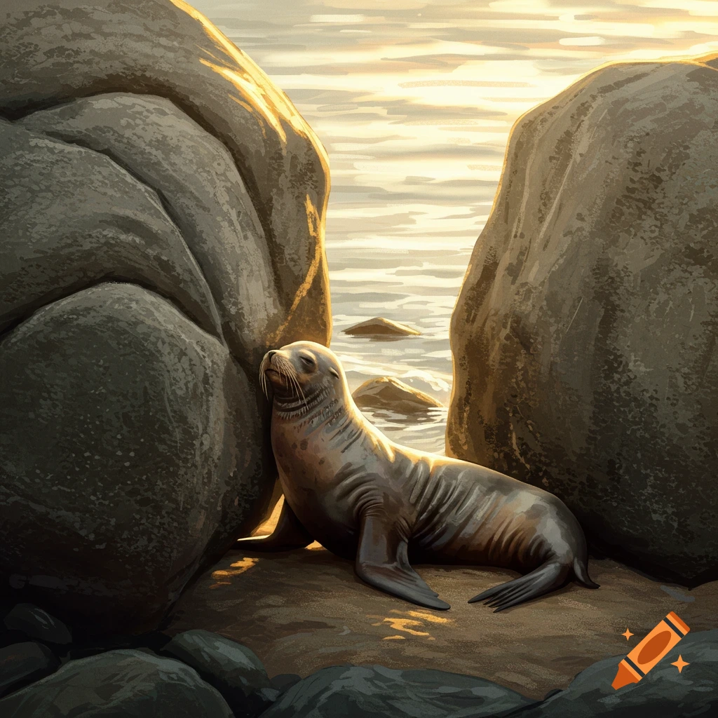 A sea lion rests between two large rocks on a beach at sunset.